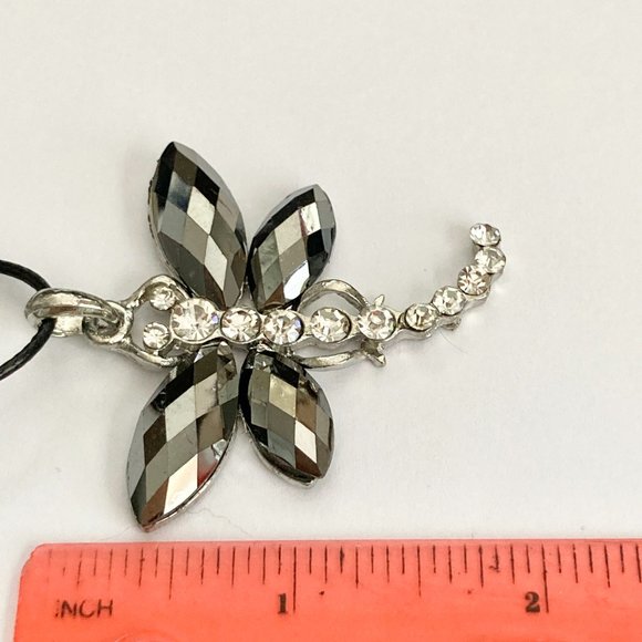 Vtg Dragonfly Necklace Pendant Insect Gray Crystal Silver Plated Black Cord 18" - Picture 9 of 10